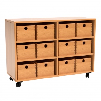 Schrank mit 12 Massivholzkästen,  77 cm hoch, 104x40 cm (B/T), mit Mittelwand,fahrbar 